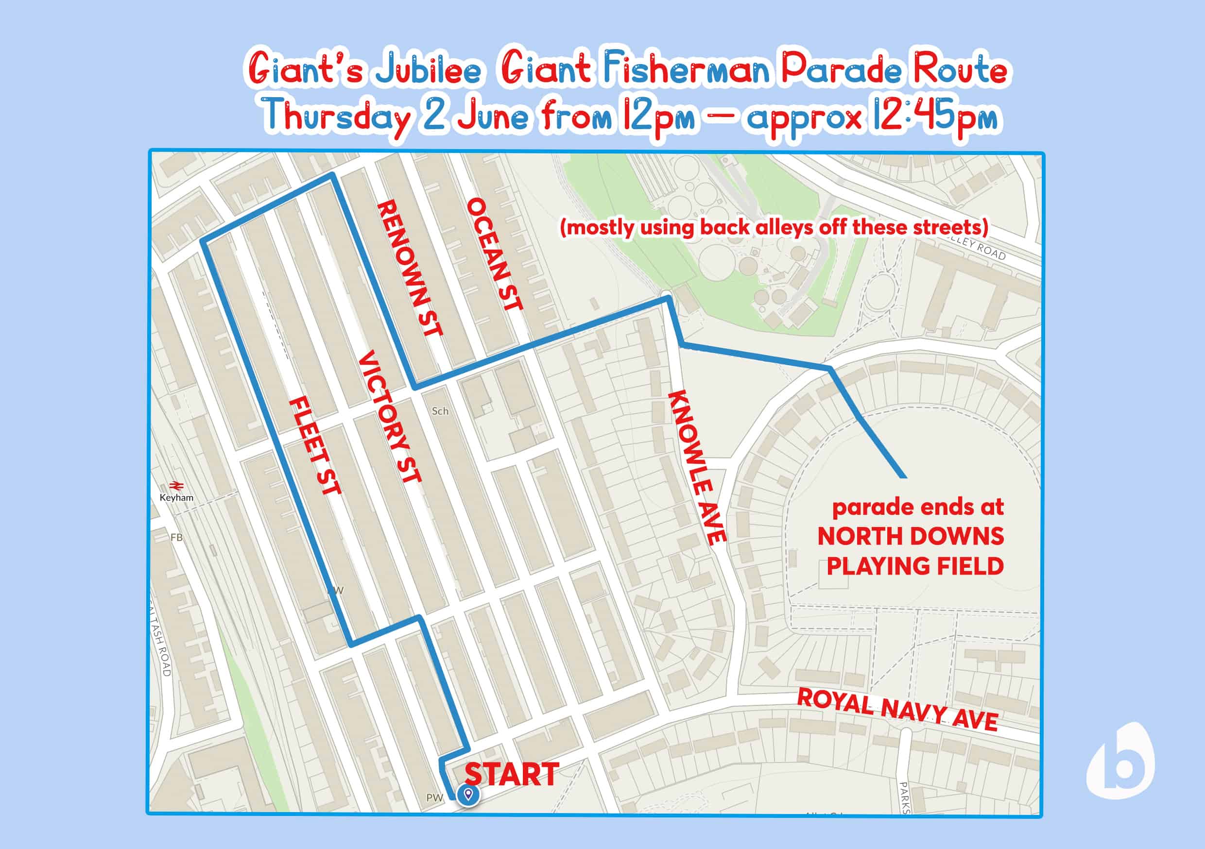 Giant Fisherman Puppet Parade Route Map (Thur 2 June 2022)