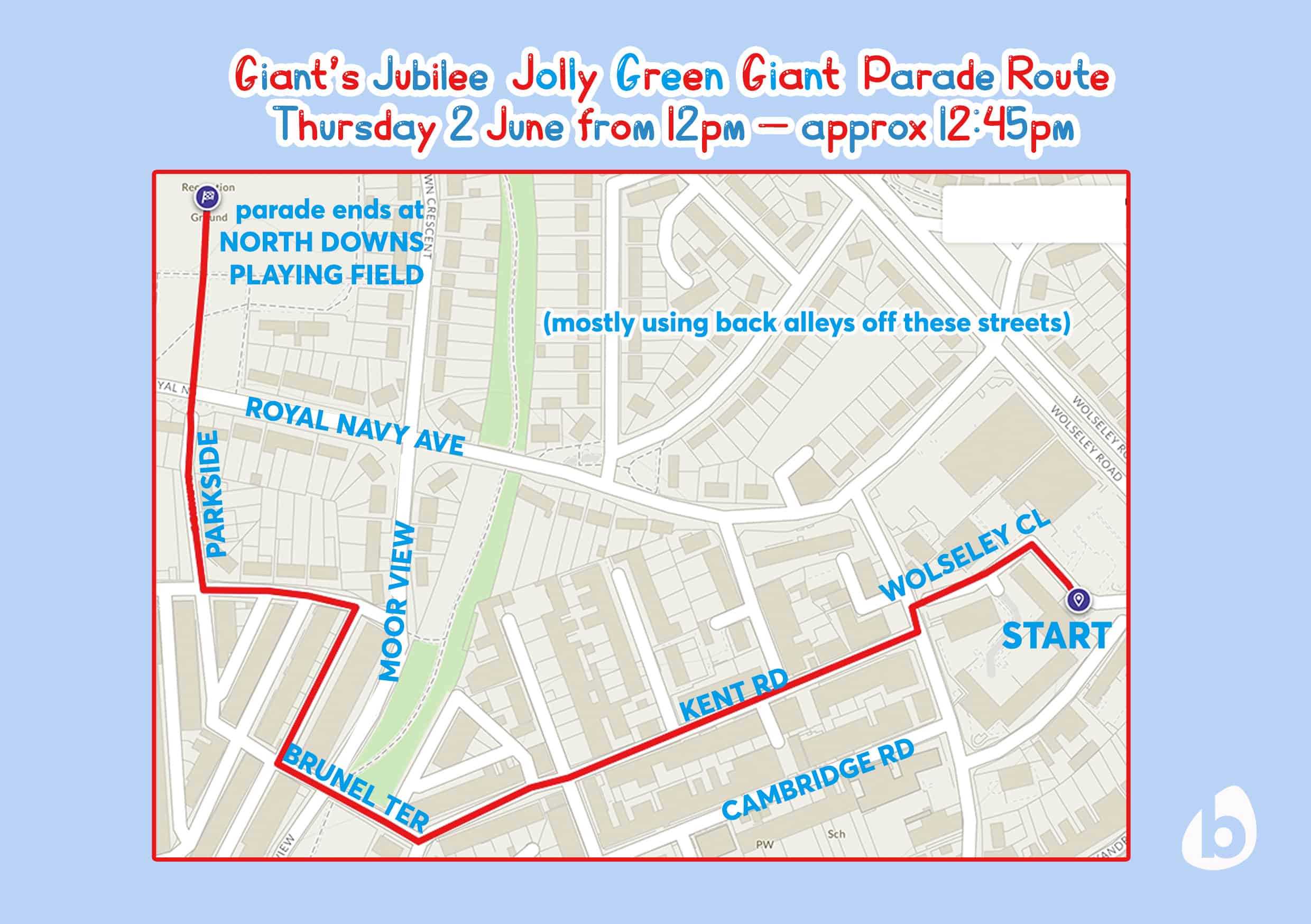 Jolly Green Giant Puppet Parade Route Map (Thur 2 June 2022)