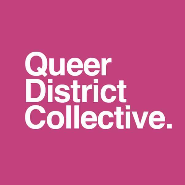 Qeueer District Collective logo - white on pink copy